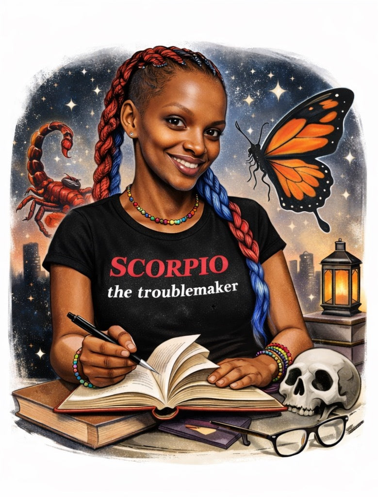 Illustration of a Black woman writing in an open book with a scorpion, butterfly, lantern, and books